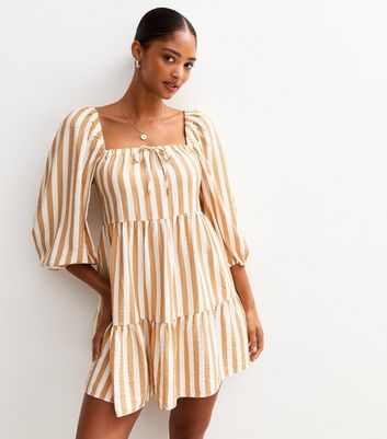 Brown Striped Smock Tiered Mini Dress
