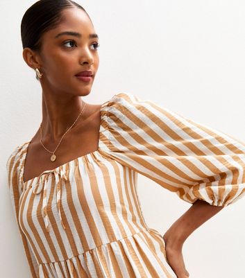 Brown Striped Smock Tiered Mini Dress