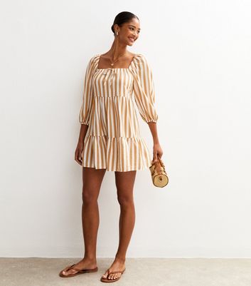 Brown Striped Smock Tiered Mini Dress