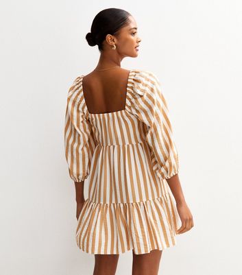 Brown Striped Smock Tiered Mini Dress