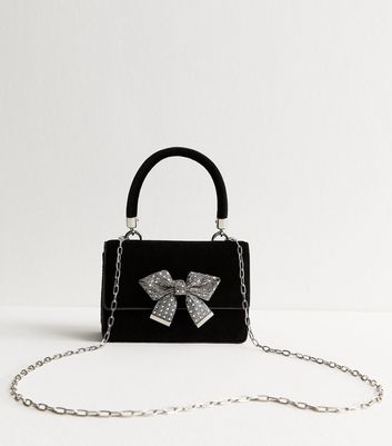 Black Diamante Bow Top Handle Bag