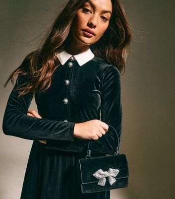 Black Diamante Bow Top Handle Bag