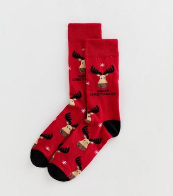 Mens Bright Red Merry Christ Moose Socks