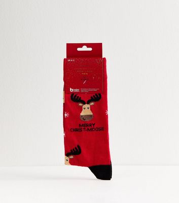 Mens Bright Red Merry Christ Moose Socks