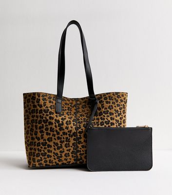 2 in 1 Brown Animal Print Shopper Tote and Internal Pouch Bag