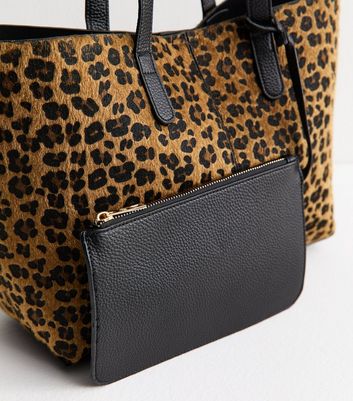 2 in 1 Brown Animal Print Shopper Tote and Internal Pouch Bag