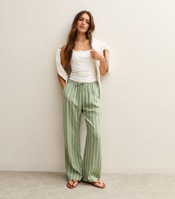 Petite Green Striped Wide Leg Trousers