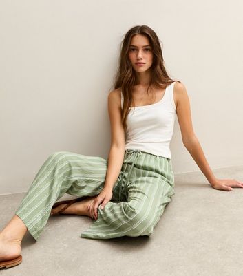 Petite Green Striped Wide Leg Trousers