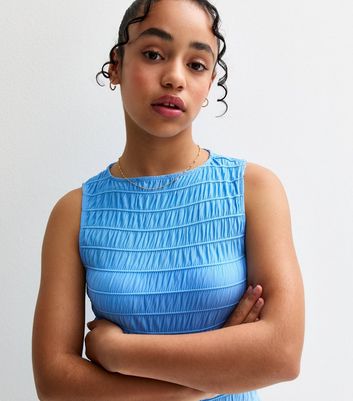 Girls Bright Blue Shirred Dress