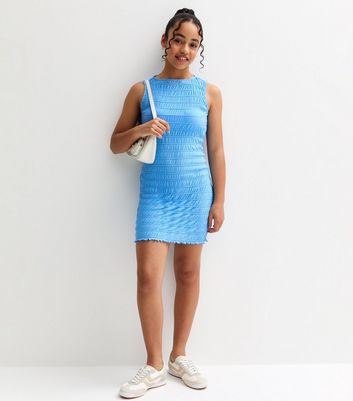 Girls Bright Blue Shirred Dress