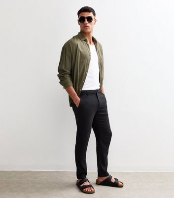 Black Regular Tapered Leg Linen Blend Trousers
