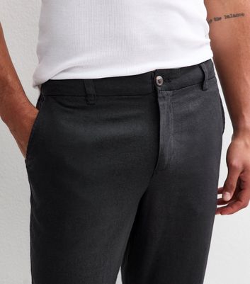 Black Regular Tapered Leg Linen Blend Trousers
