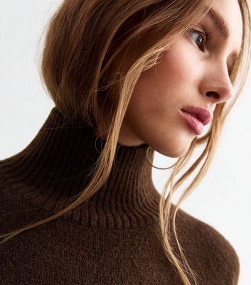 Brown Knit High Neck Midi Dress