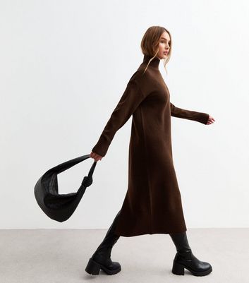 Brown Knit High Neck Midi Dress 3 Brown Knit High Neck Midi Dress