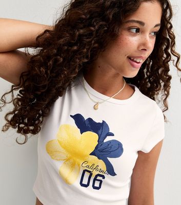Girls White California Hibiscus Print T-Shirt