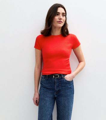 Red Crew Neck Rib Jersey Top