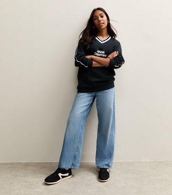 Girls Black Athletic Logo V Neck Sweatshirt