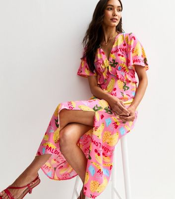 Pink Fruit Print Frill Trim Midi Dress