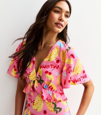 Pink Fruit Print Frill Trim Midi Dress