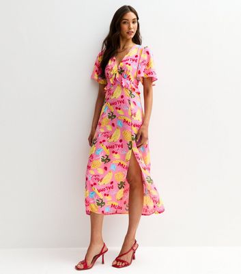 Pink Fruit Print Frill Trim Midi Dress