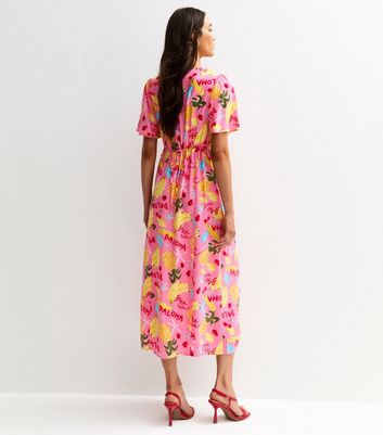 Pink Fruit Print Frill Trim Midi Dress