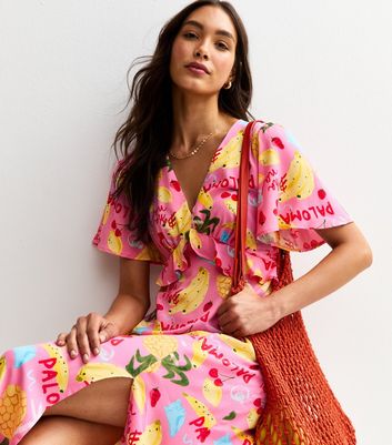 Pink Fruit Print Frill Trim Midi Dress