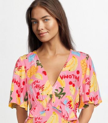 Pink Fruit Print Frill Trim Midi Dress