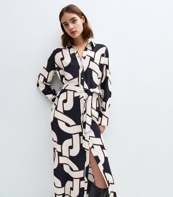 Navy Chain Print Midi Shirt Dress