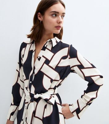 Navy Chain Print Midi Shirt Dress