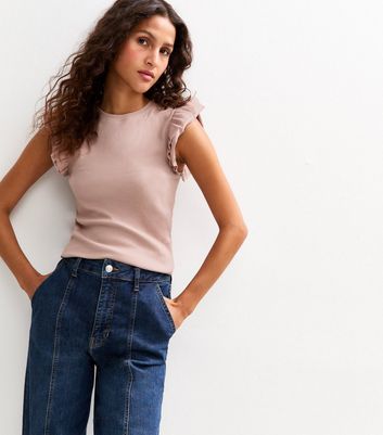 Mink Ribbed Frill Sleeve Vest