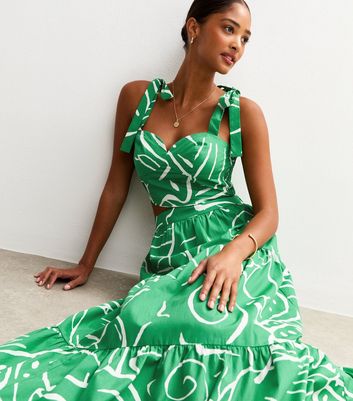 Green Abstract Print Tie Strap Cropped Top