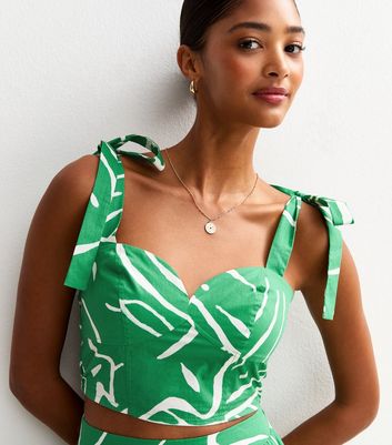 Green Abstract Print Tie Strap Cropped Top