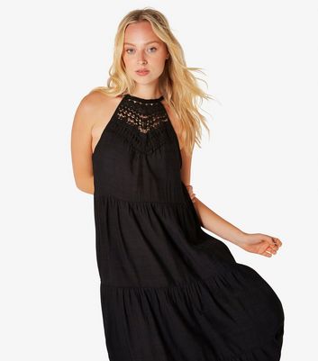 Apricot Back Lace Detail Tiered Midi Dress