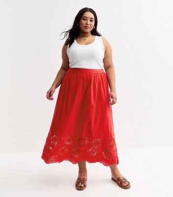 Curves Red Cutwork Hem Midi Skirt