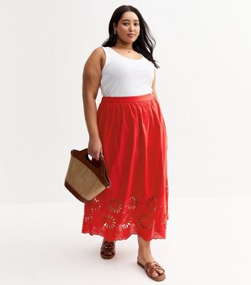 Curves Red Cutwork Hem Midi Skirt 3 Curves Red Cutwork Hem Midi Skirt