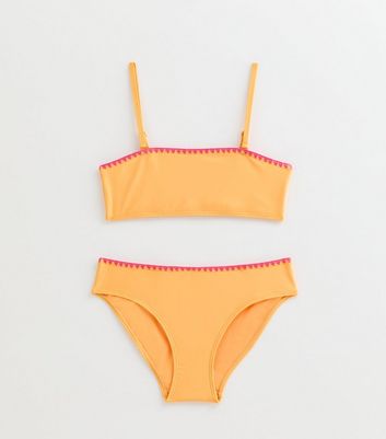 Girls Bright Orange Blanket Stitch Trim Bandeau Bikini Set