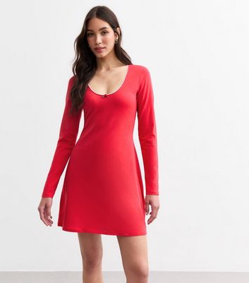 Red Scoop Neck Long Sleeve Rose Mini Dress