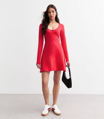 Red Scoop Neck Long Sleeve Rose Mini Dress 3 Red Scoop Neck Long Sleeve Rose Mini Dress