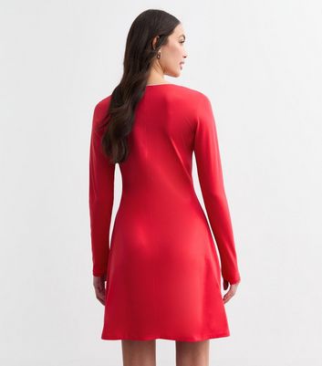 Red Scoop Neck Long Sleeve Rose Mini Dress 4 Red Scoop Neck Long Sleeve Rose Mini Dress