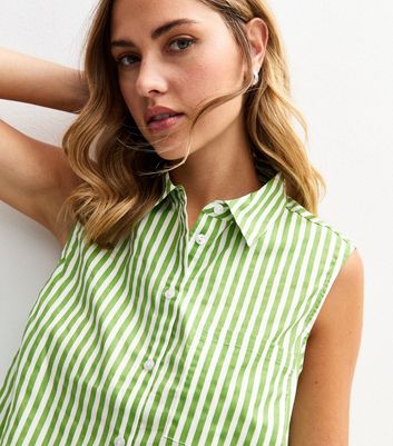 Green Poplin Striped Crop Sleeveless Shirt