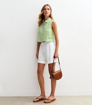 Green Poplin Striped Crop Sleeveless Shirt 3 Green Poplin Striped Crop Sleeveless Shirt