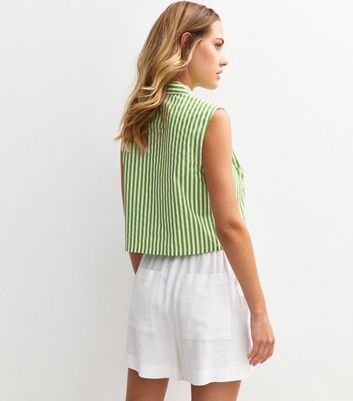 Green Poplin Striped Crop Sleeveless Shirt 4 Green Poplin Striped Crop Sleeveless Shirt