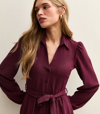 Burgundy Crinkled Shirt Dress