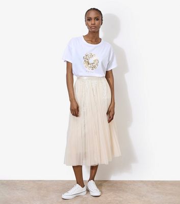 Apricot Cream Sequinned Tulle Midi Skirt