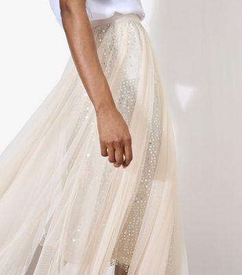 Apricot Cream Sequinned Tulle Midi Skirt