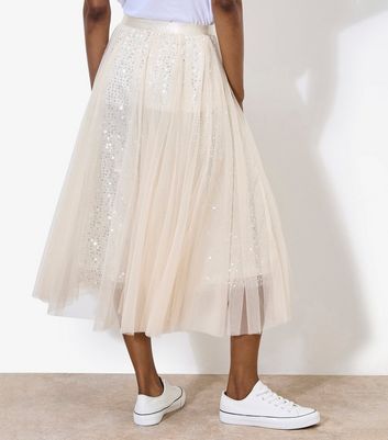 Apricot Cream Sequinned Tulle Midi Skirt