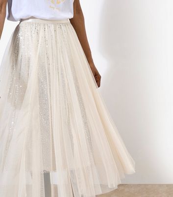 Apricot Cream Sequinned Tulle Midi Skirt