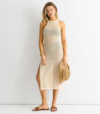 Gini London Stone Crochet Bodycon Slit Hem Midi Dress