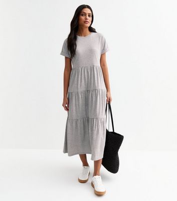 Grey Jersey Tiered Skirt Midi Smock Dress