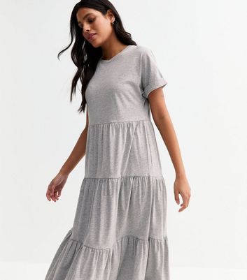 Grey Jersey Tiered Skirt Midi Smock Dress 3 Grey Jersey Tiered Skirt Midi Smock Dress